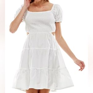 NWT Planet Gold White Puff Sleeve Smocked Cut Out Dress